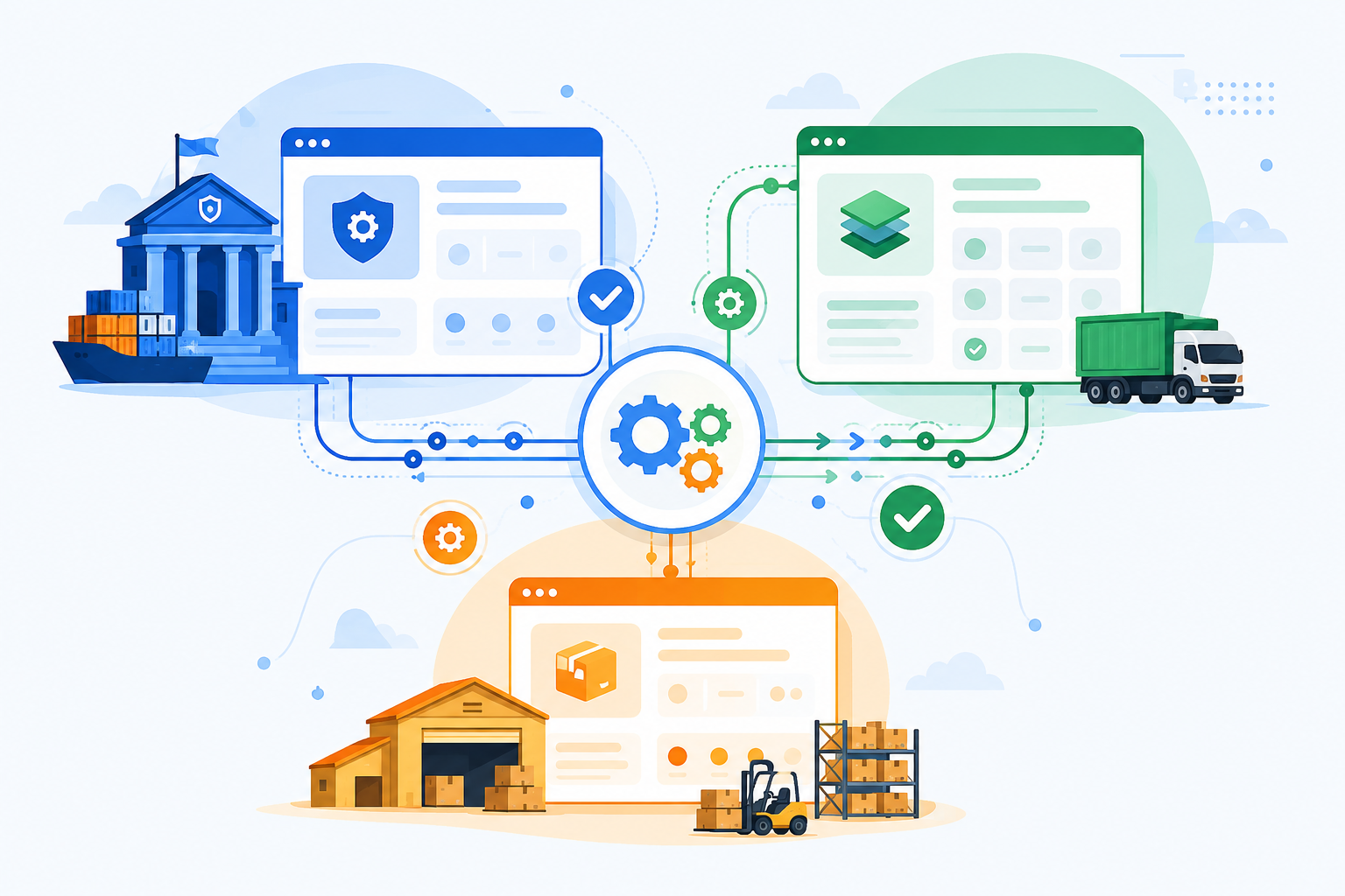 Flat vector image of interconnected digital system icons with flowing lines and automation symbols, representing integrated compliance solutions.