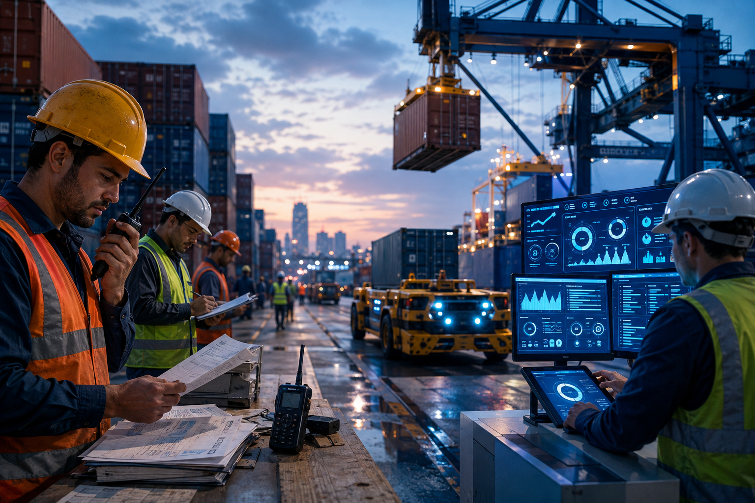 A busy container terminal where workers use both manual tools like radios and paper, and digital systems like screens and automated cranes.