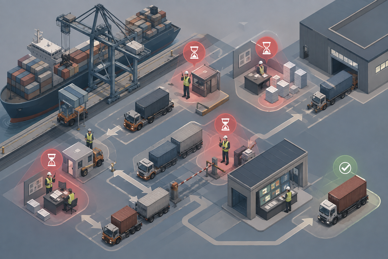 Isometric illustration of a terminal workflow showing bottlenecks and delays at points of manual communication such as radios and paperwork.