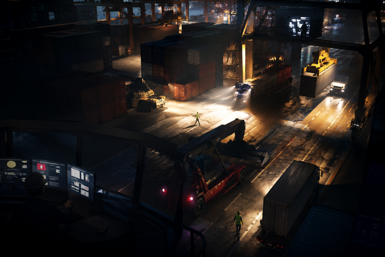 3D render of a terminal yard with some areas brightly lit and others in shadow, highlighting safety risks and visibility gaps in operations.