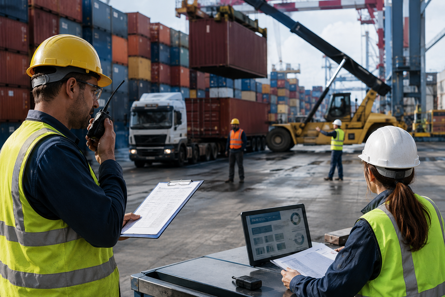 Cargo terminal workers use radios and paper checklists among shipping containers and vehicles, illustrating the complexity of manual coordination.