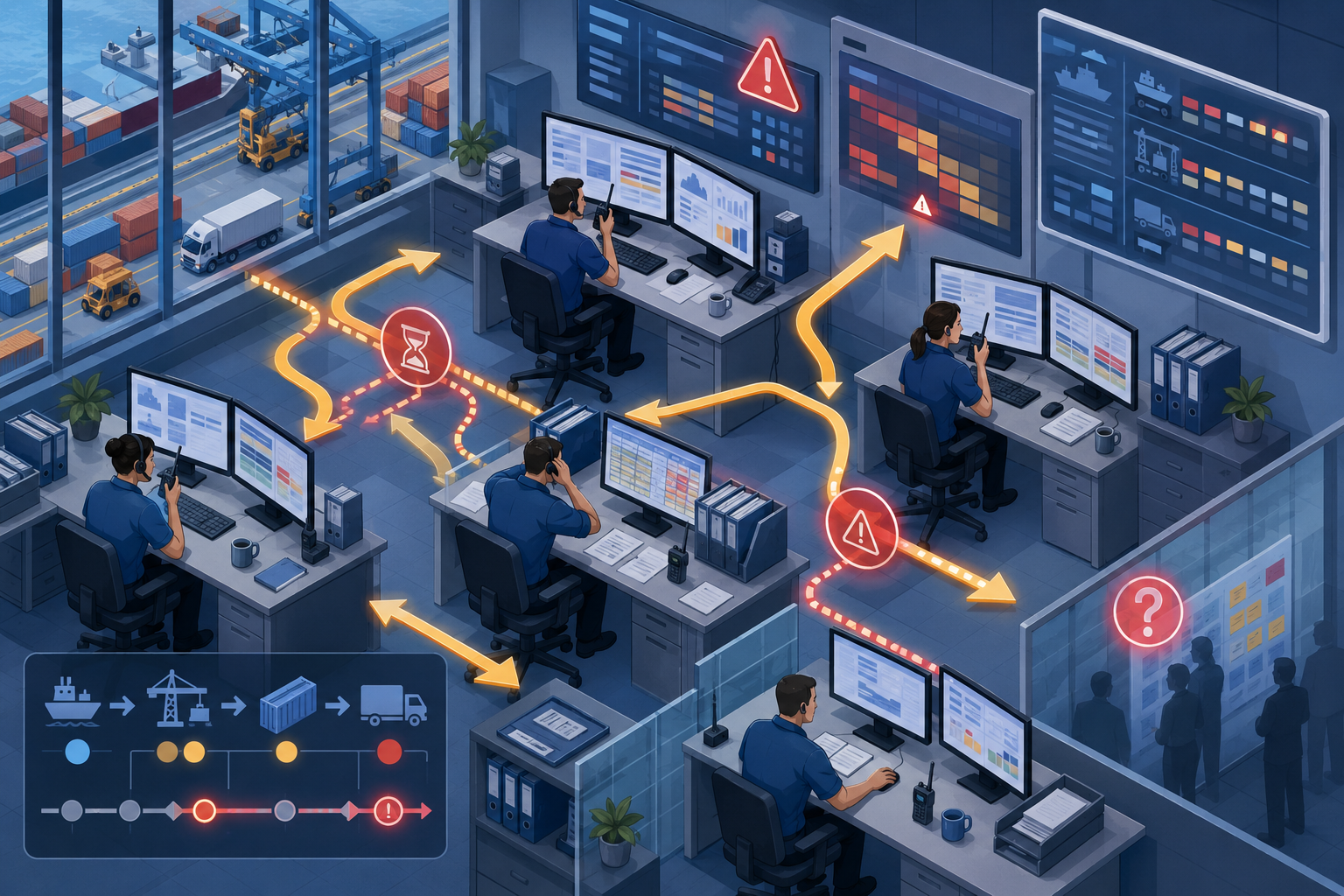 Isometric illustration of terminal staff using radios and spreadsheets, with arrows showing bottlenecks and delays in workflow.