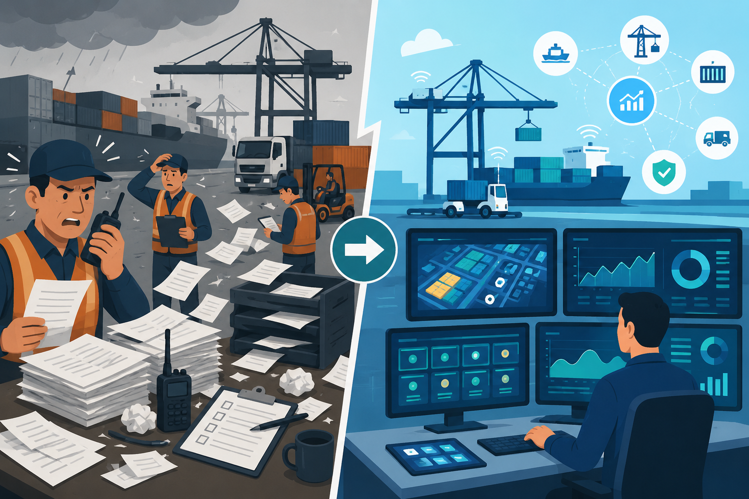 Split-screen vector image showing chaotic manual cargo operations on one side and efficient digital terminal management on the other.