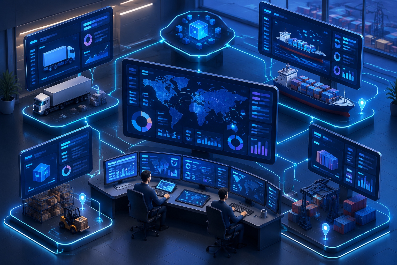 Isometric illustration of a logistics control room with interconnected digital screens and abstract transport icons, representing unified transport management.