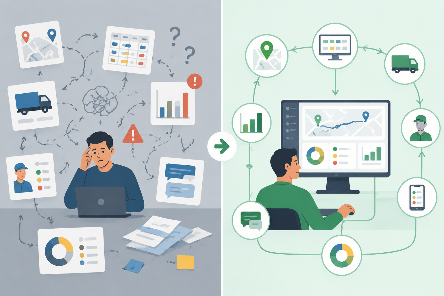 Split-screen flat vector showing a fragmented dispatch process contrasted with a streamlined, integrated workflow using icons and arrows.