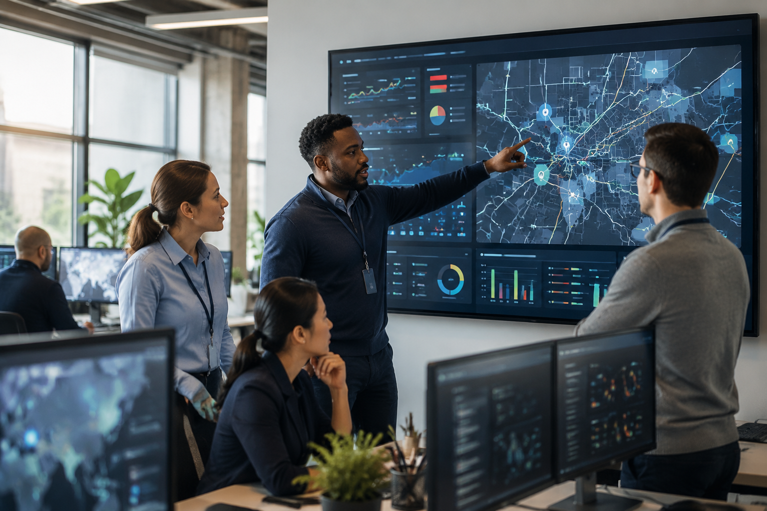 Photorealistic image of a diverse team collaborating around a digital display with abstract transport data, illustrating productivity gains from integrated systems.