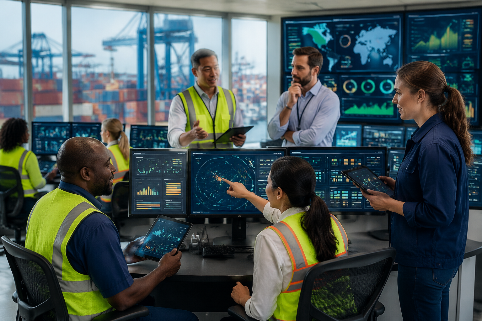 Frontline terminal workers and supervisors collaborate in a modern control room, using digital dashboards and tablets, with container stacks visible outside.