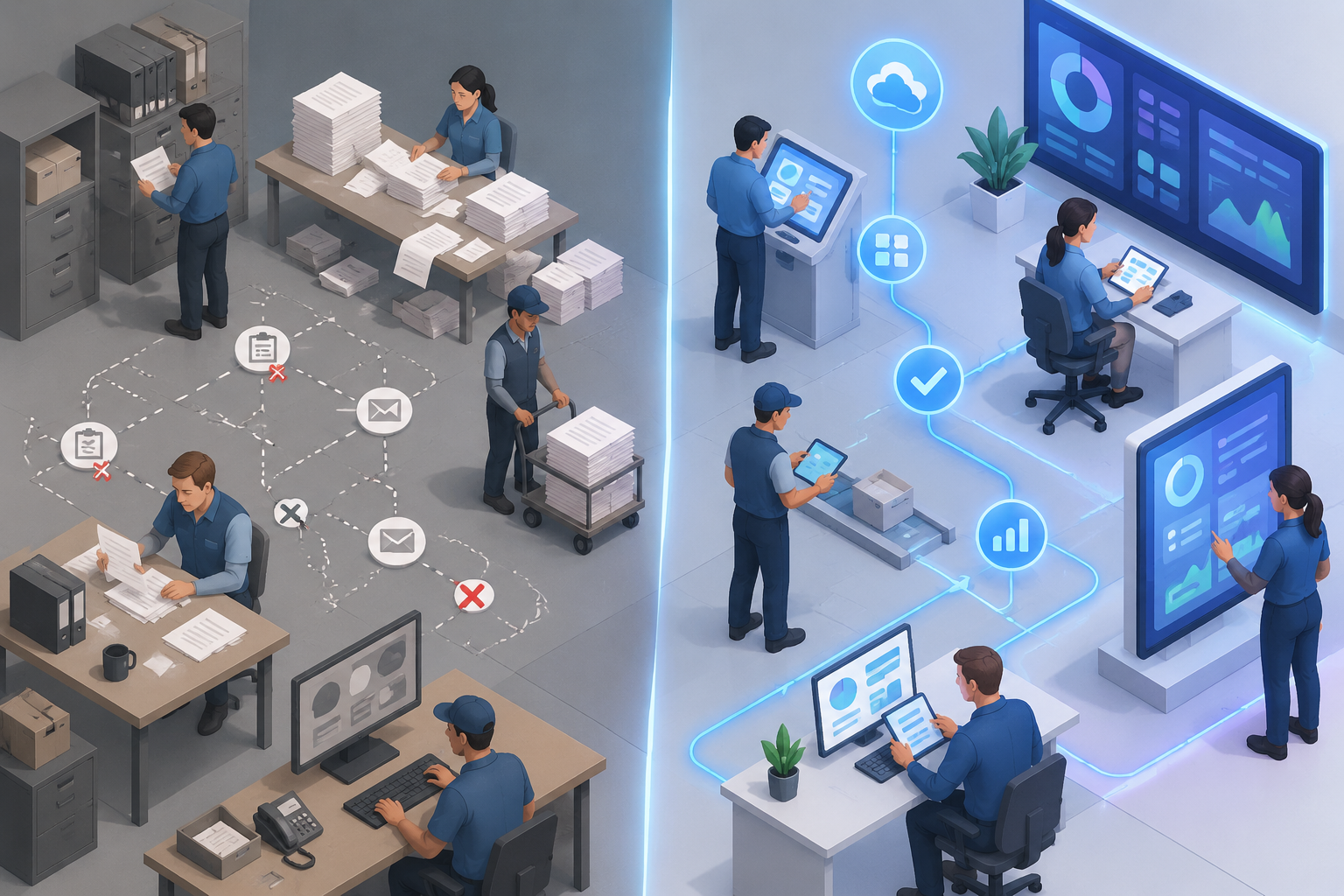 Isometric illustration comparing manual, paper-based terminal tasks with streamlined digital workflows using tablets and terminals.