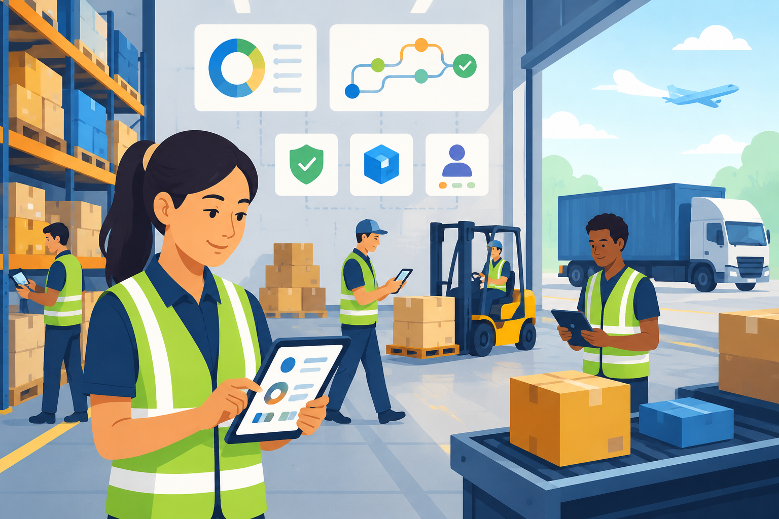Flat vector illustration of warehouse staff using handheld devices to efficiently manage cargo, appearing relaxed and empowered in a tidy workspace.
