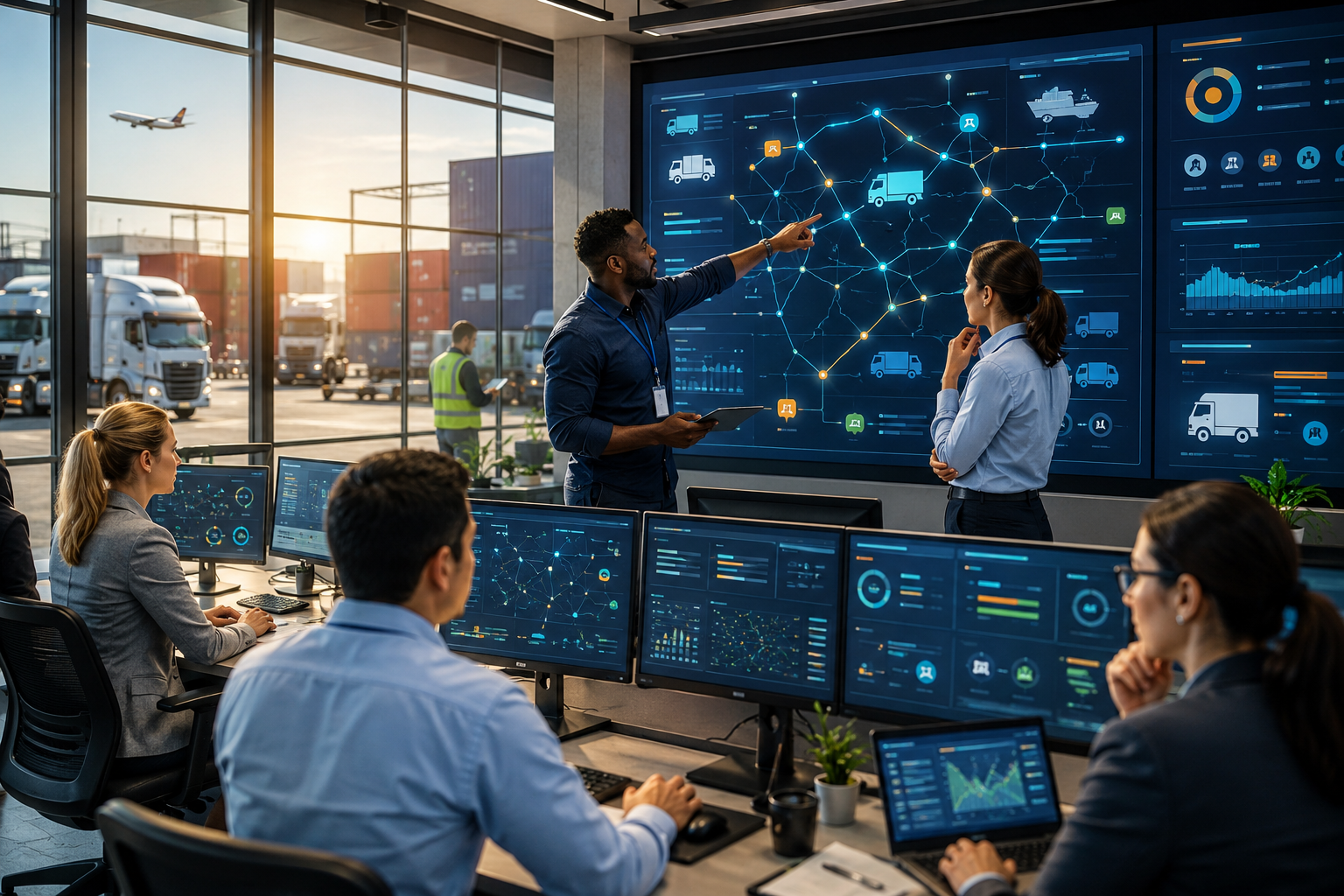 A modern logistics control room with a diverse team collaborating in front of digital displays showing abstract transport data, with trucks and containers visible outside.