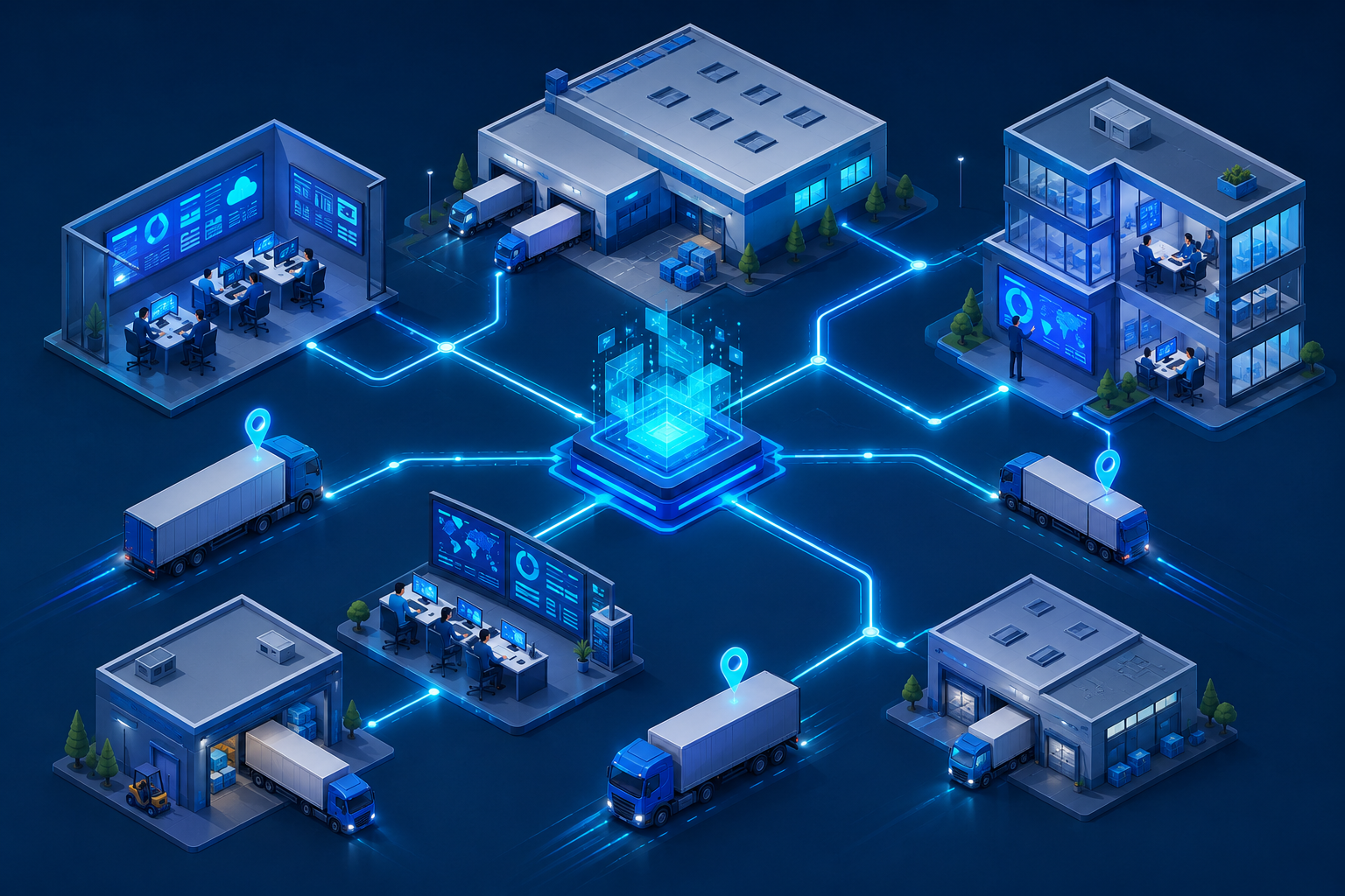 Isometric illustration of trucks, terminals, and office hubs connected by glowing lines, symbolizing digital collaboration in haulage.