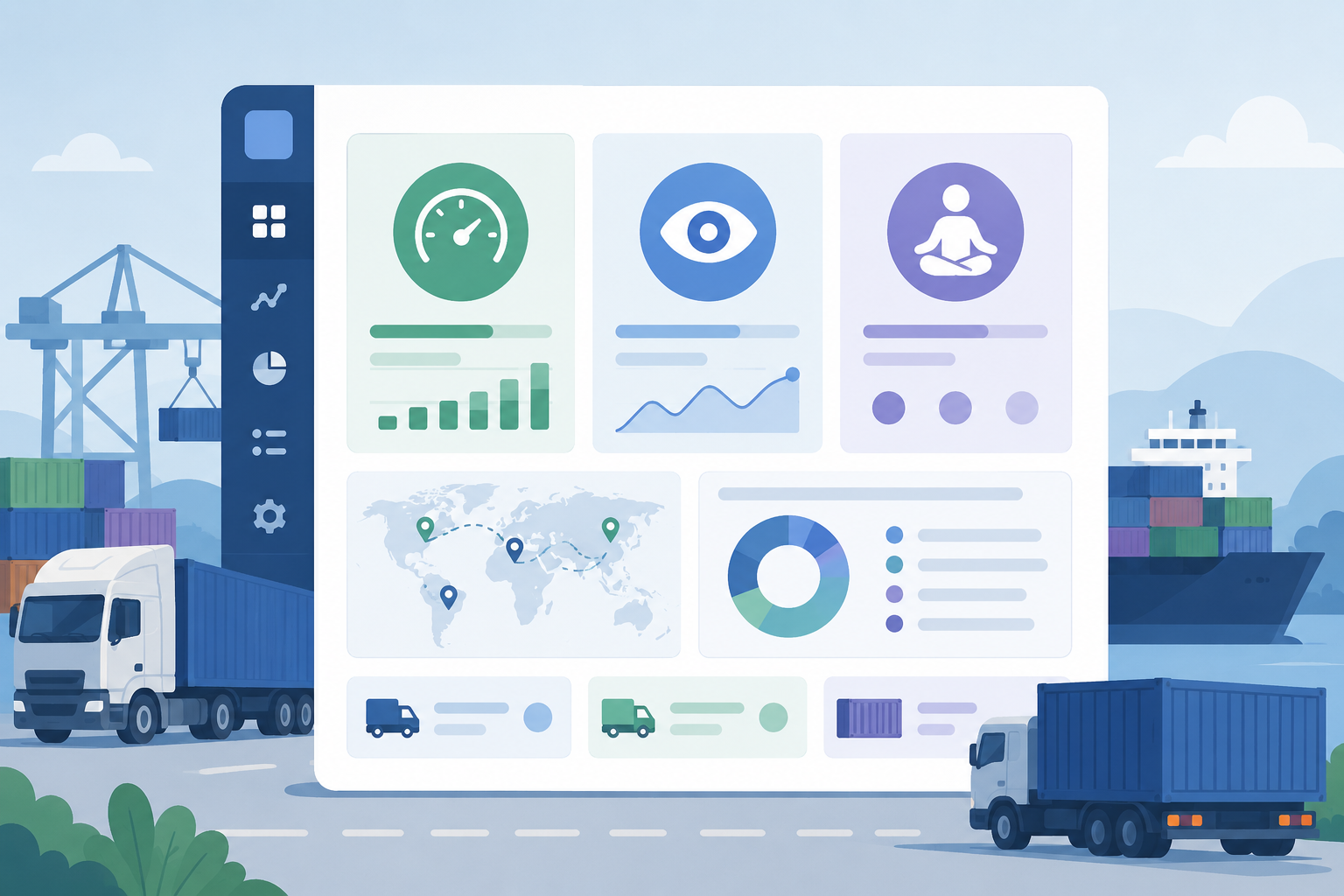 Flat vector image of an abstract dashboard with icons for efficiency, visibility, and stress reduction, alongside simplified trucks and containers.