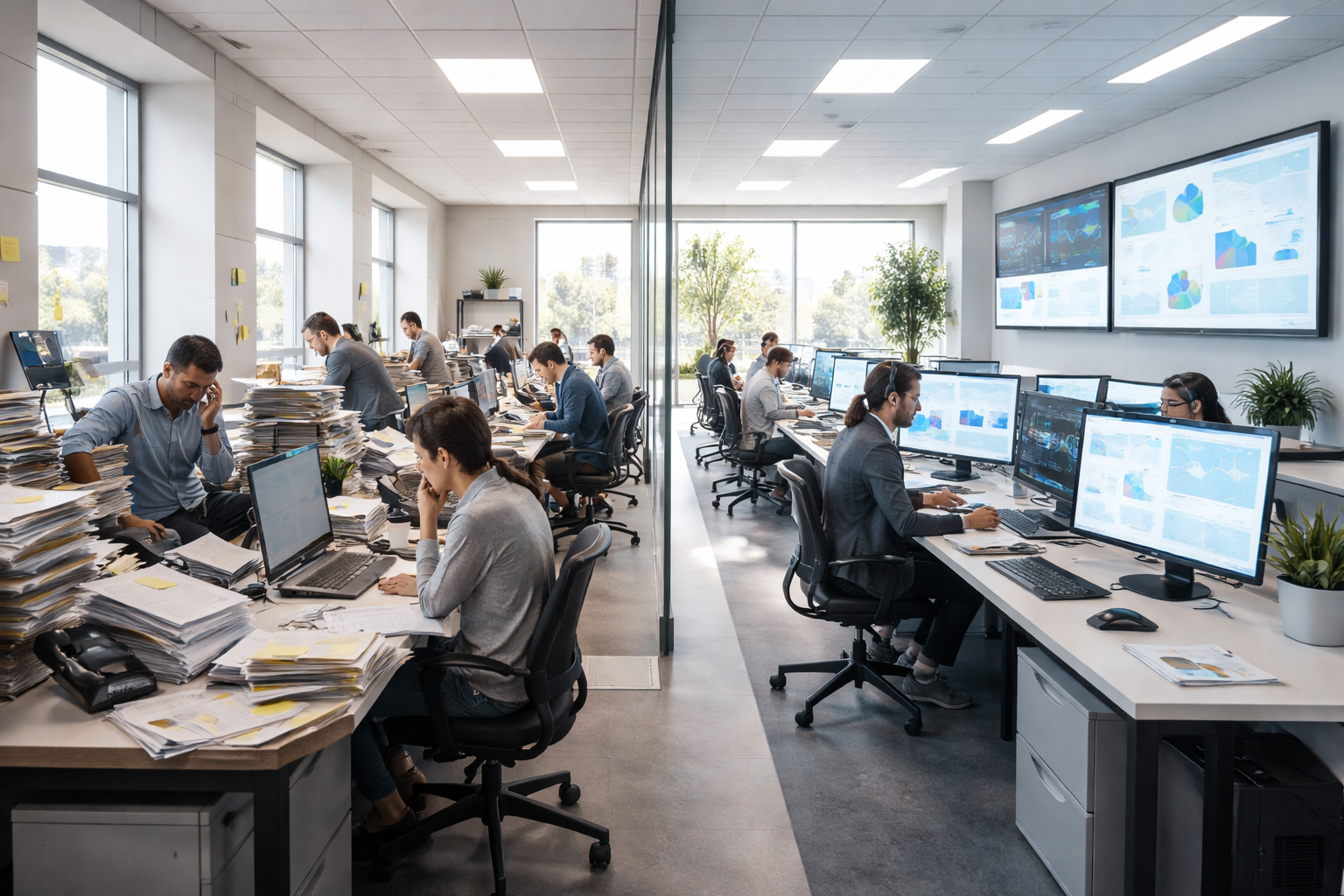 A logistics office divided between manual paperwork chaos and efficient digital operations, highlighting the contrast in workflow environments.