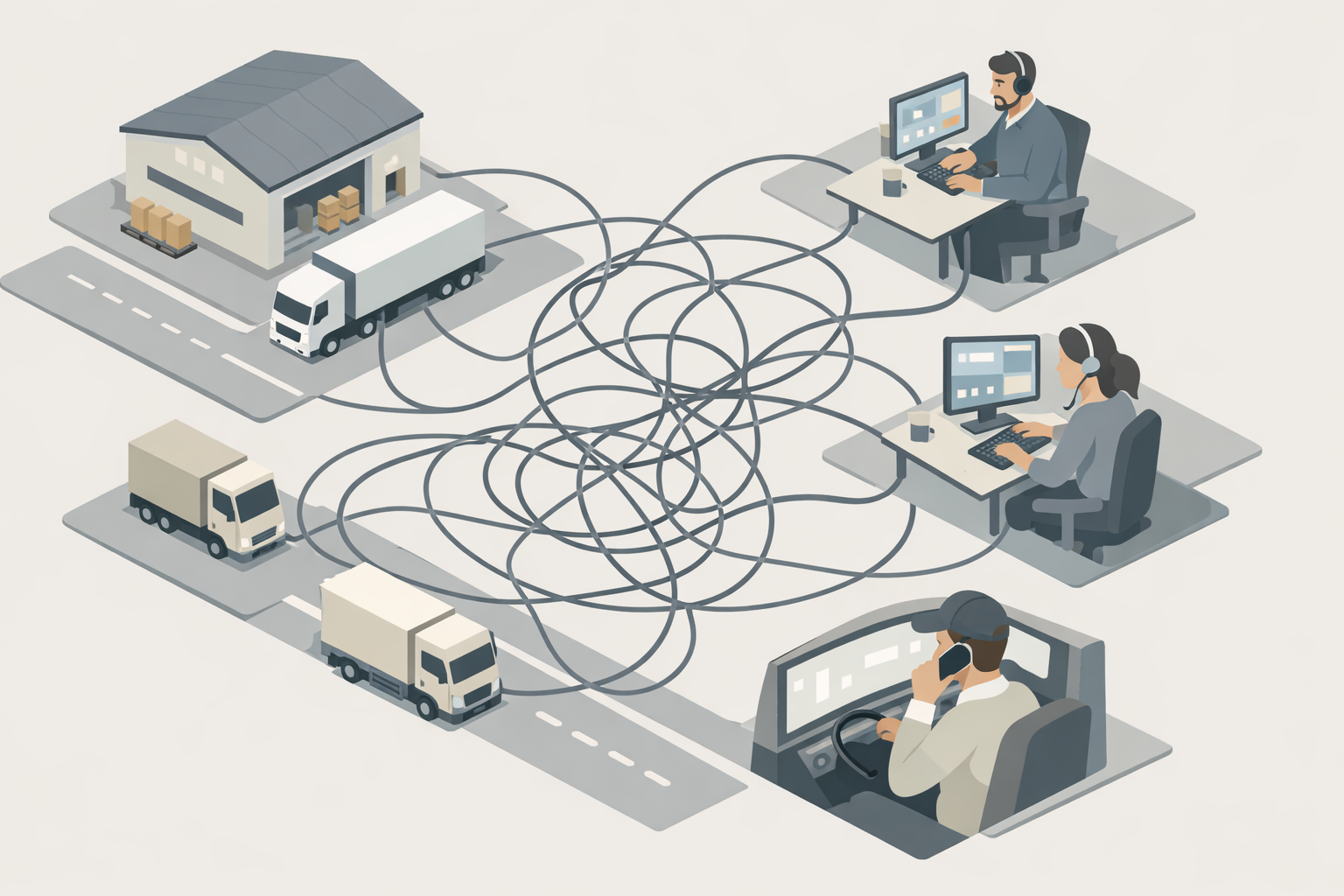 Isometric illustration of a road freight operation with trucks, a warehouse, and tangled lines representing slow manual communication between team members.