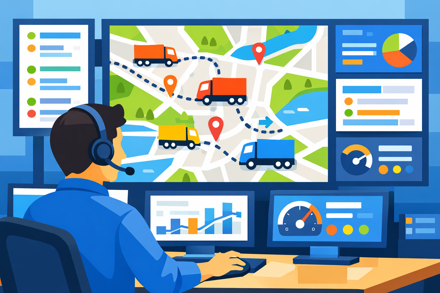 Flat vector image of a dispatcher using a digital dashboard to track trucks in real time, illustrating the benefits of real-time visibility in road freight.