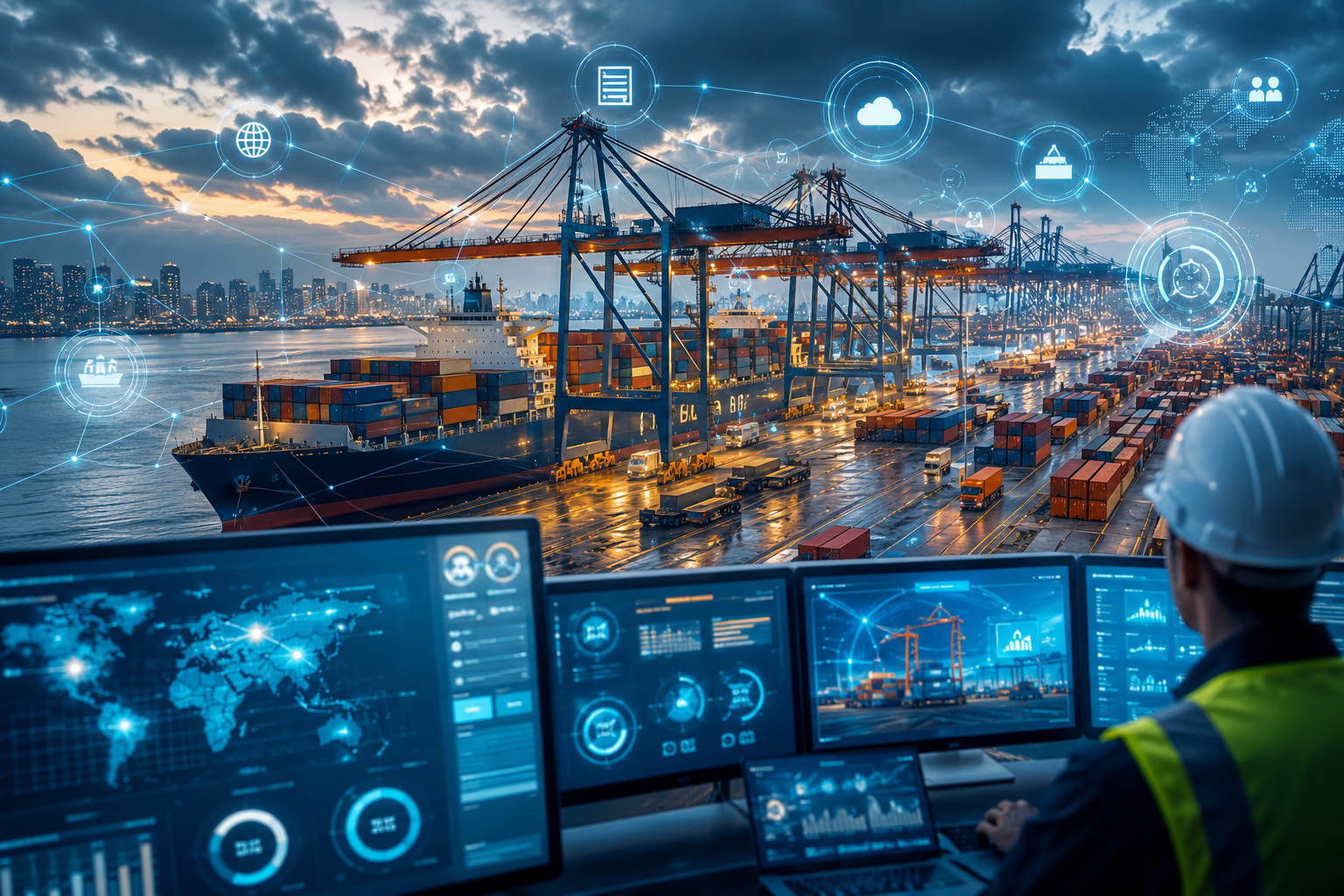 A busy commercial port with shipping containers and cranes, enhanced by digital overlays symbolizing data and compliance complexity.