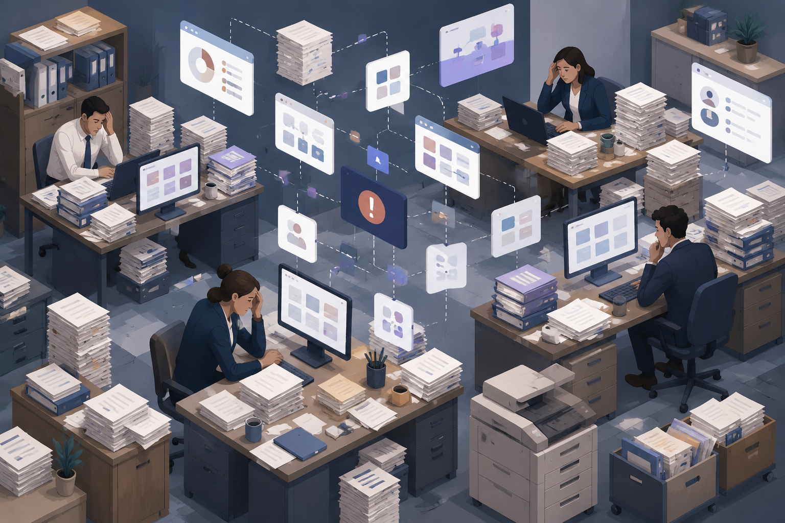 Isometric office scene with overwhelmed staff, paperwork piles, and fragmented computer screens representing the burden of manual compliance.