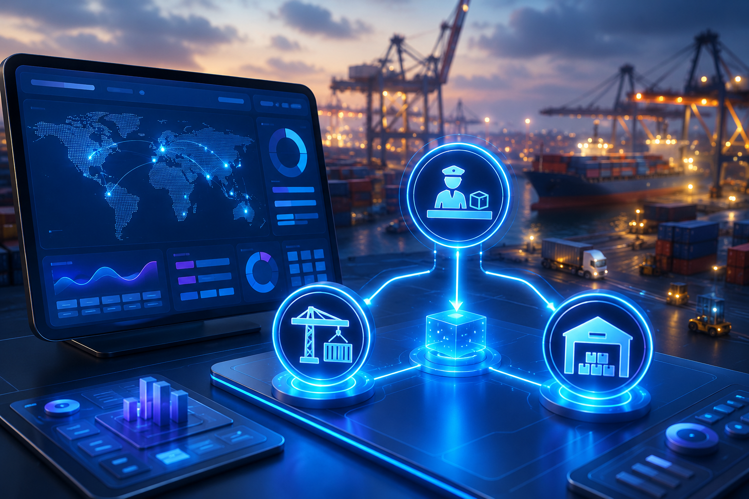 3D-rendered dashboard with interconnected system icons and a port backdrop, illustrating digital integration for compliance.
