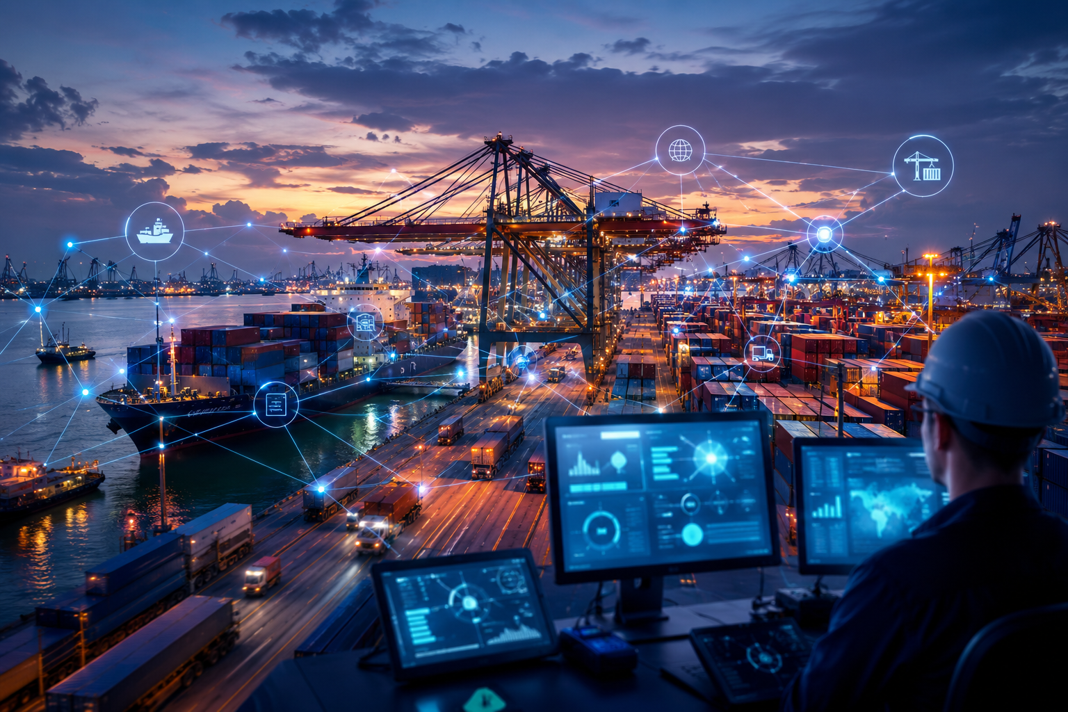 A modern container port at dusk with cranes and containers, overlaid by glowing digital network lines to represent IT integration.