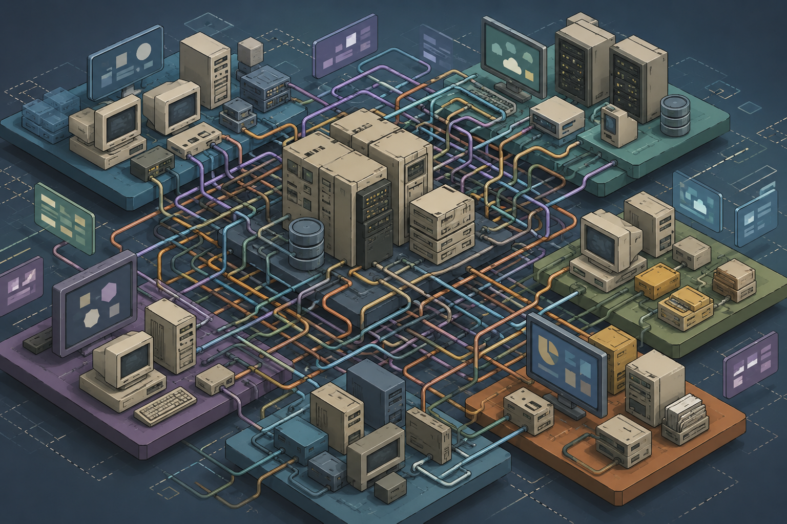 Isometric illustration of outdated servers and tangled connections, symbolizing the complexity of integrating legacy IT systems.