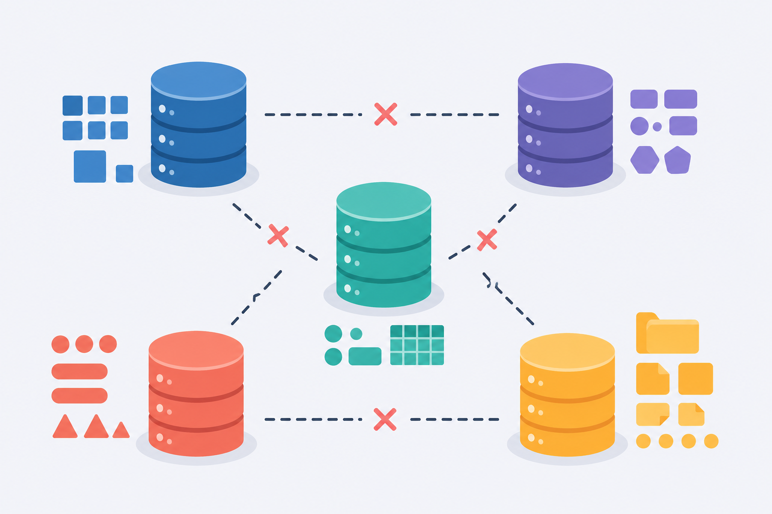 Flat vector image of isolated databases with broken connections and mismatched data blocks, representing data silos and inconsistency.