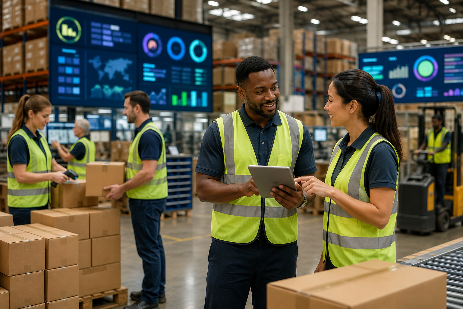 A modern warehouse with diverse staff collaborating and digital screens showing abstract workflow data, conveying teamwork and clarity.