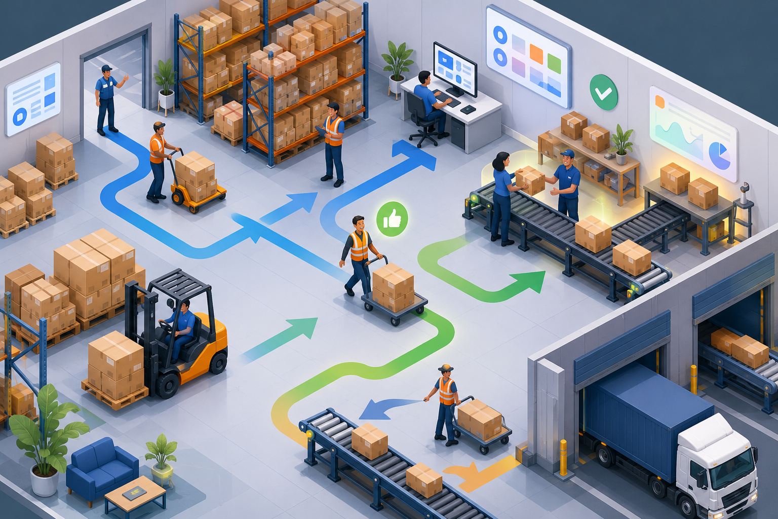 Isometric illustration of a warehouse with clear workflow paths and workers interacting smoothly, highlighting reduced stress and efficiency.
