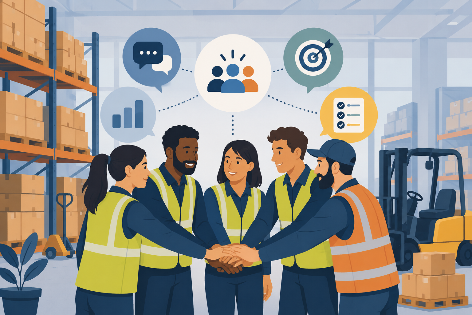 Flat vector illustration of a warehouse team in a huddle with abstract communication icons above them, representing alignment and teamwork.