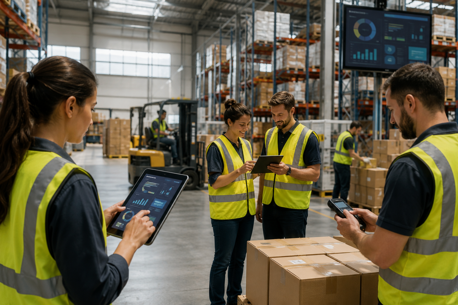 A busy warehouse with workers using digital devices and forklifts moving goods, illustrating teamwork and technology in action.