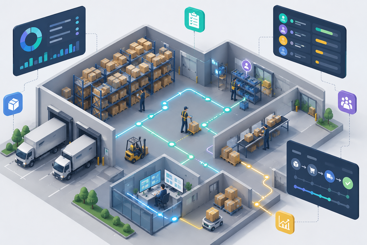Isometric illustration of a warehouse with icons for inventory and tasks, showing how management tools organize operations.