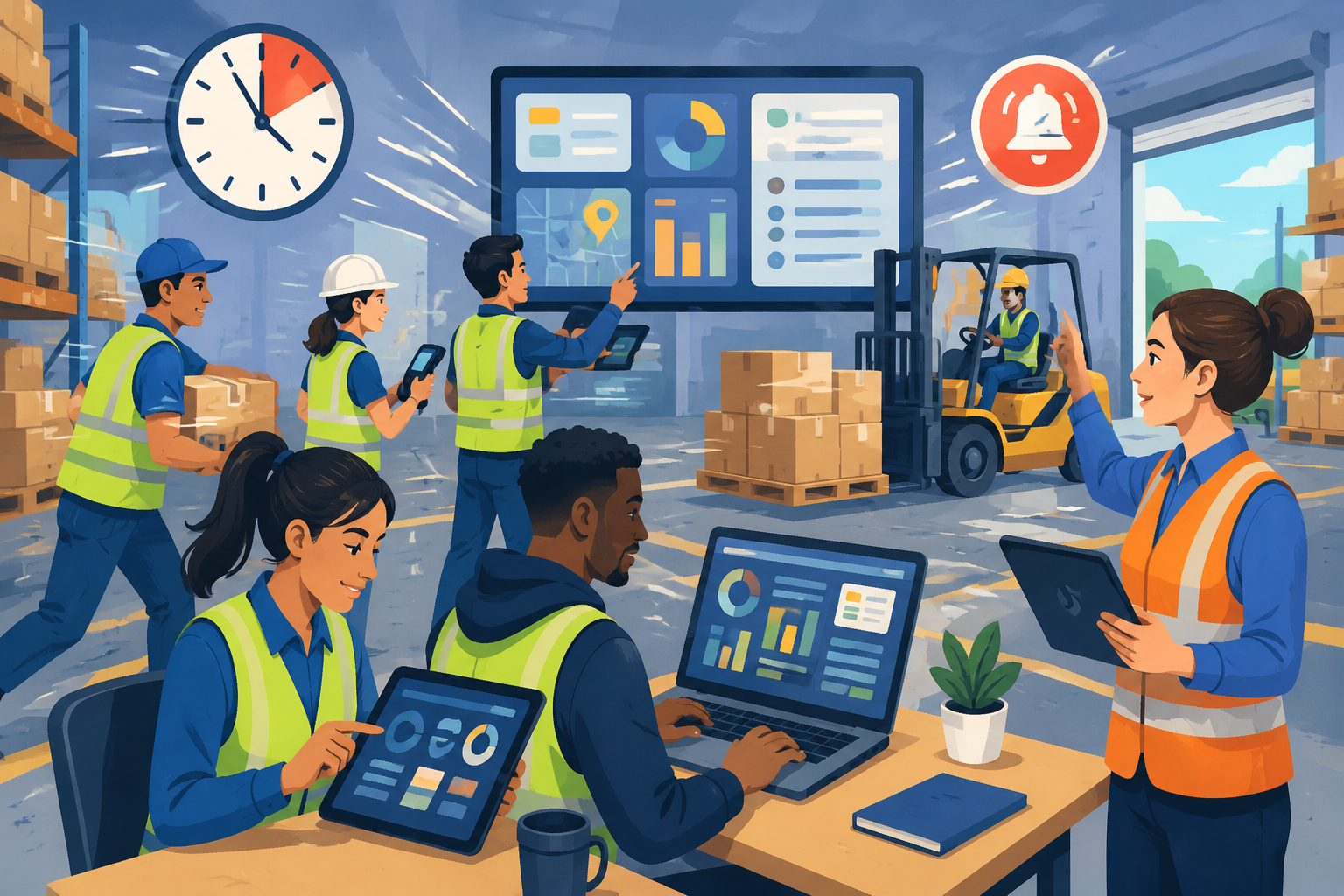 Flat vector image of a diverse warehouse team using digital tools to coordinate tasks efficiently under time pressure.