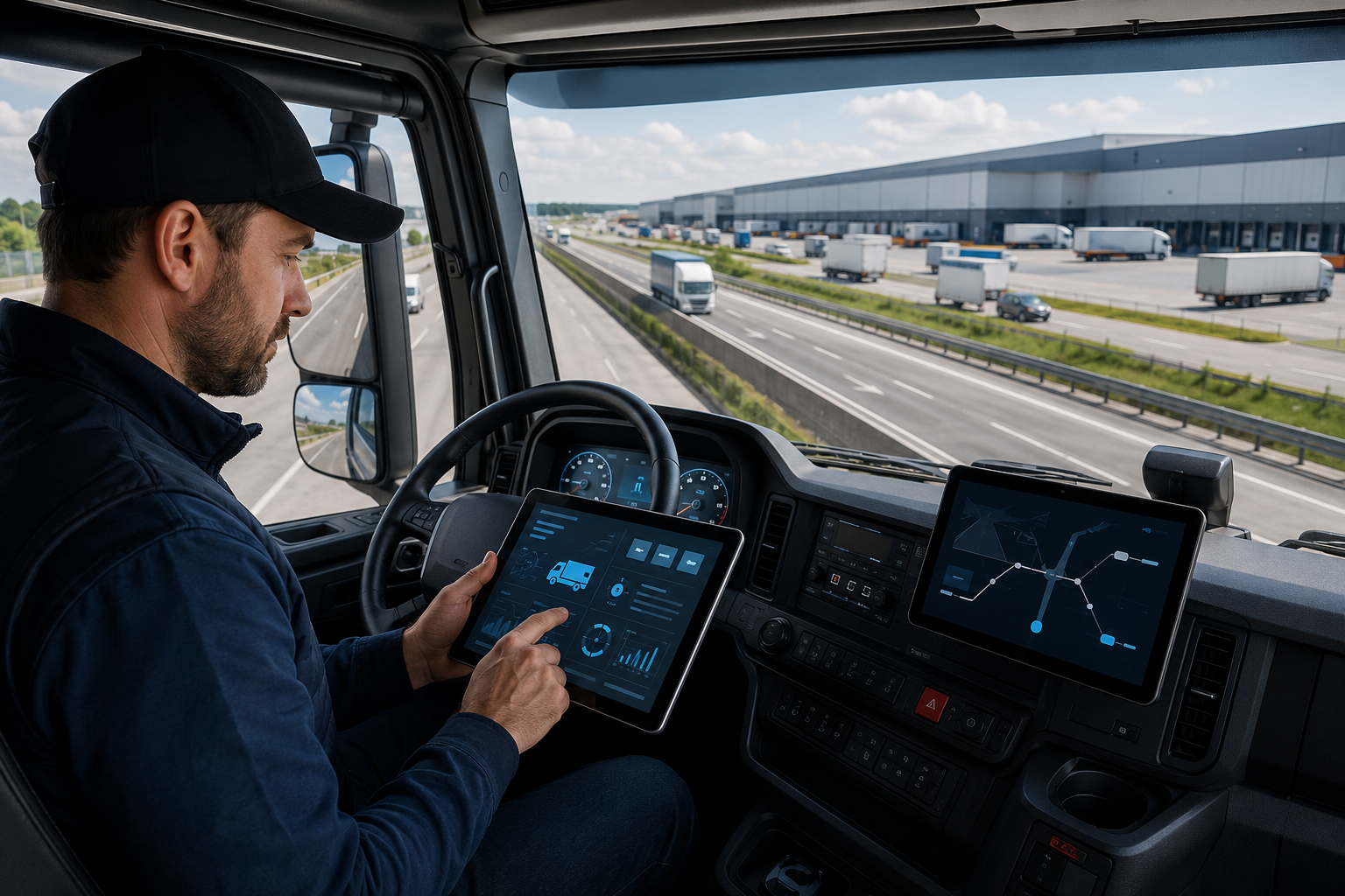 Truck driver in a cab using a digital tablet with a highway and logistics hub visible through the windshield.