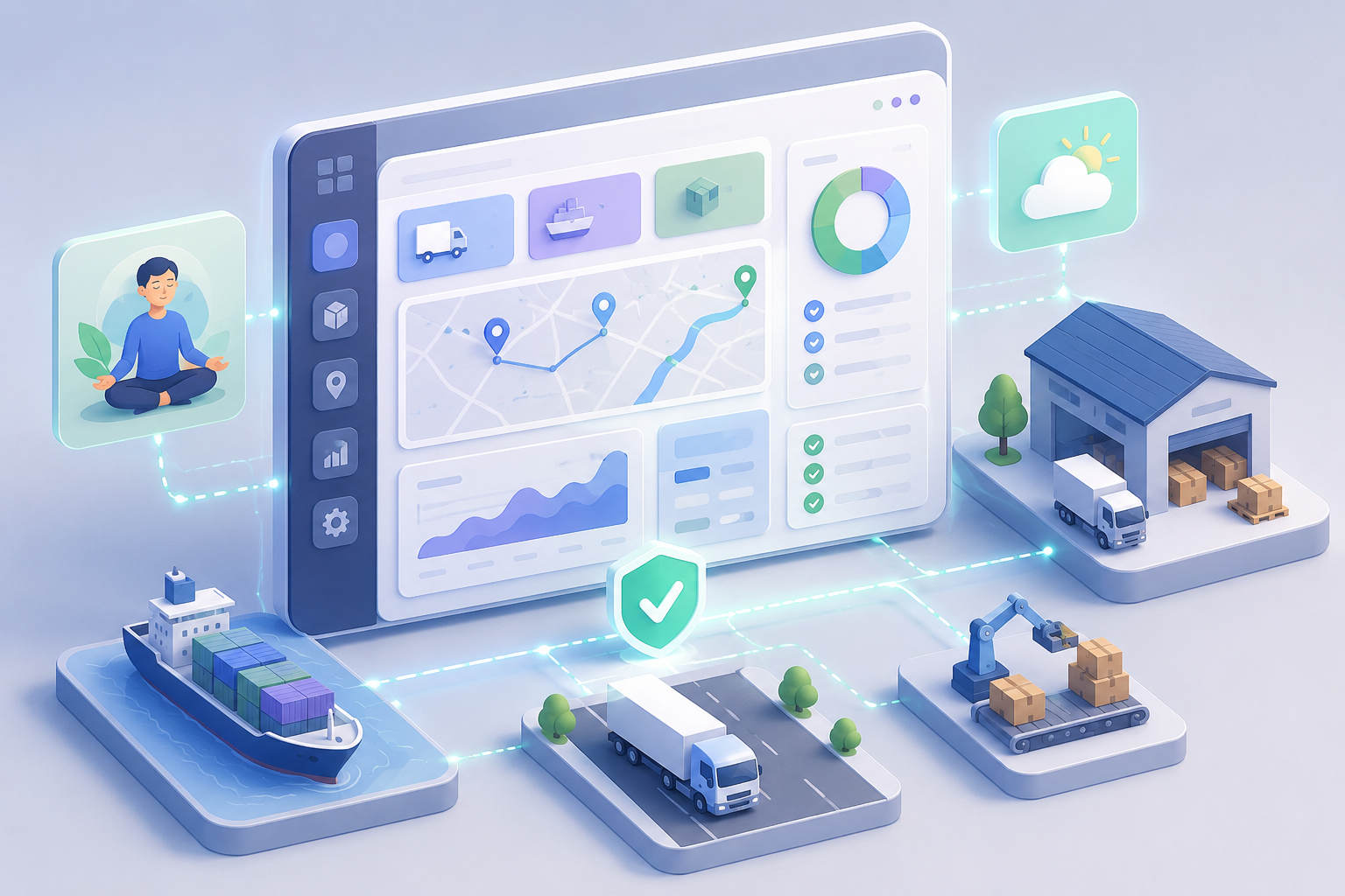 Isometric illustration of a simplified digital dashboard with icons symbolizing reduced stress and increased efficiency.