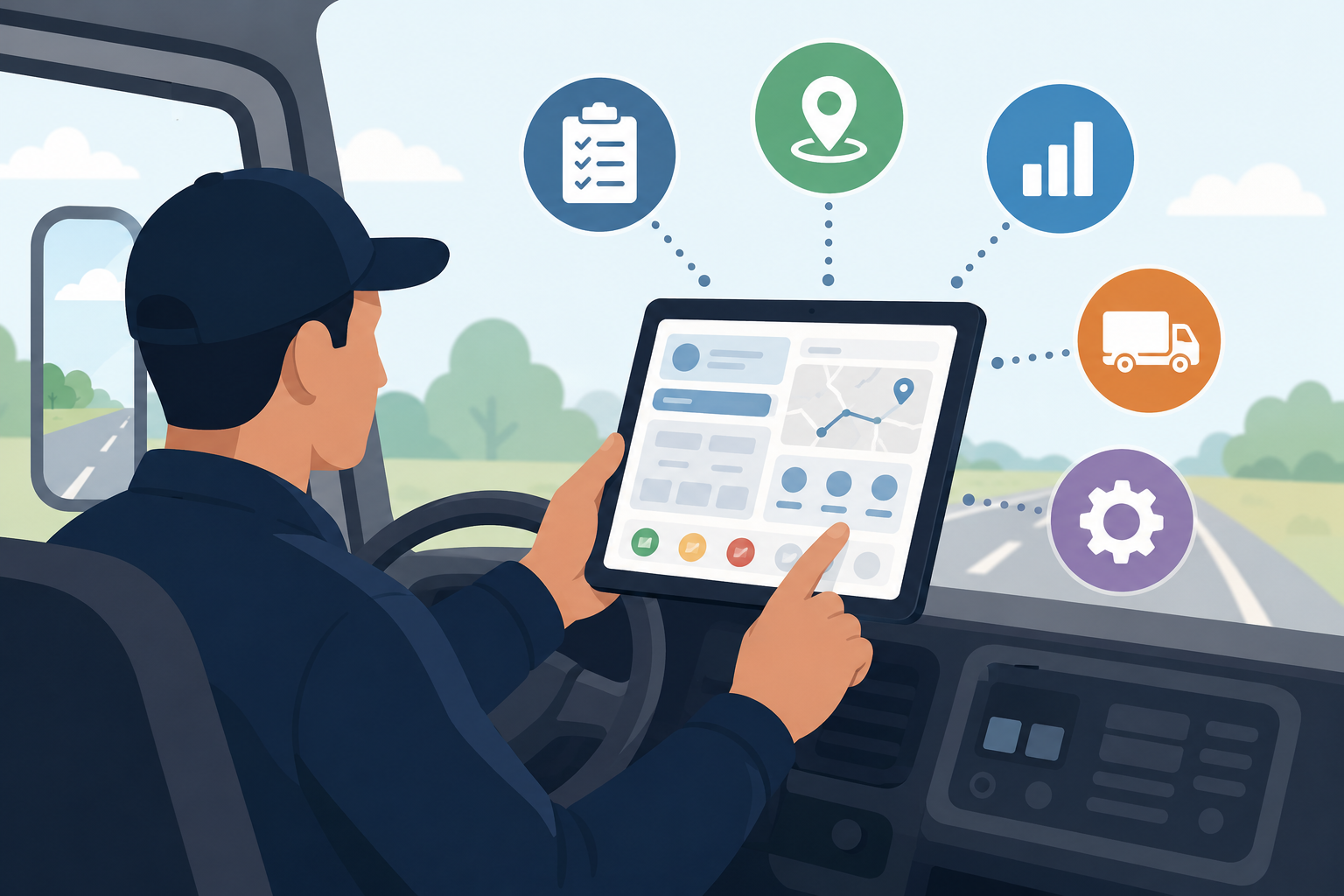 Flat vector illustration of a driver silhouette using a tablet with intuitive icons, representing a user-friendly solution.