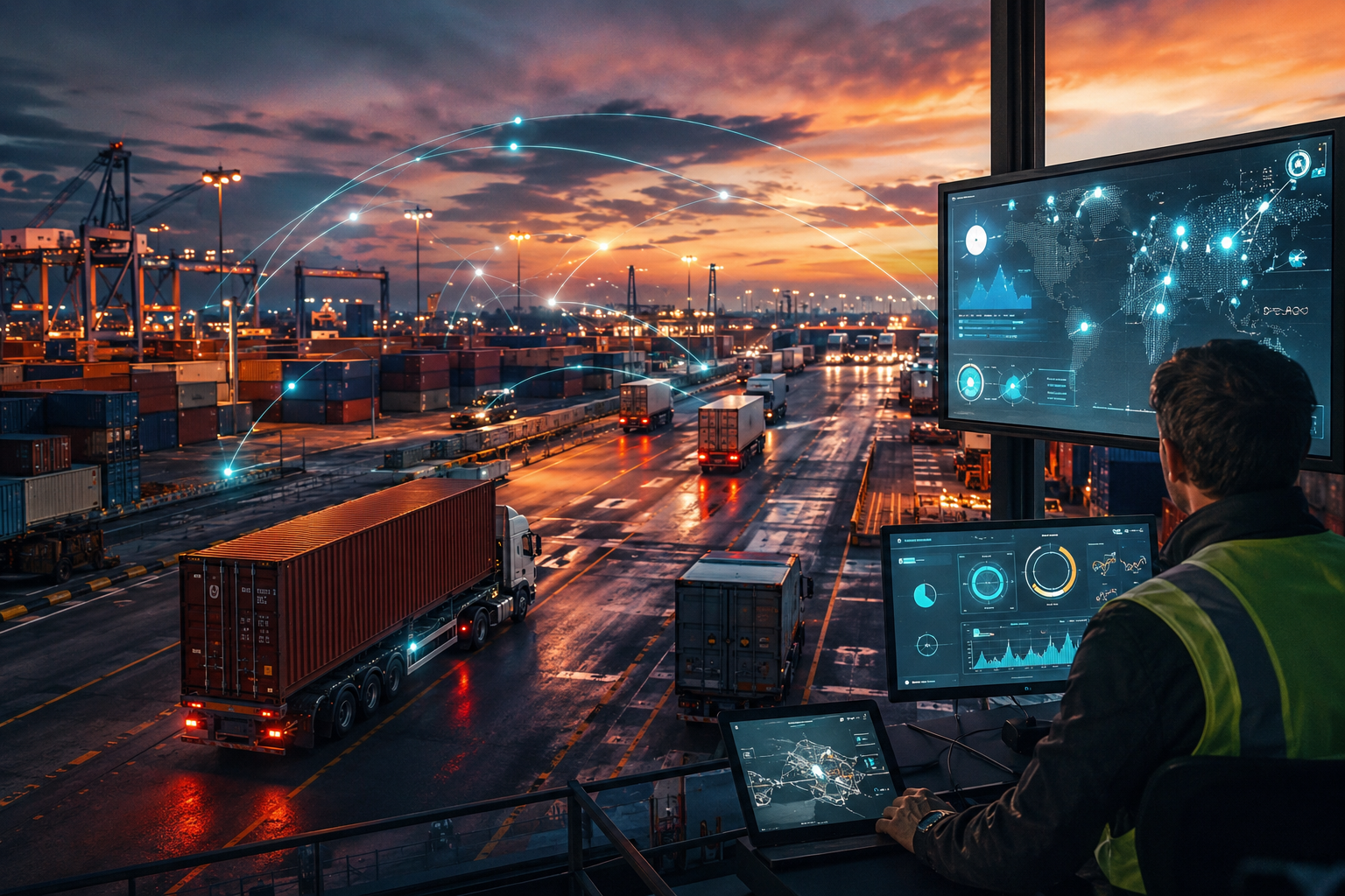 A modern logistics terminal with trucks and containers in motion, featuring abstract digital overlays representing real-time delivery visibility.