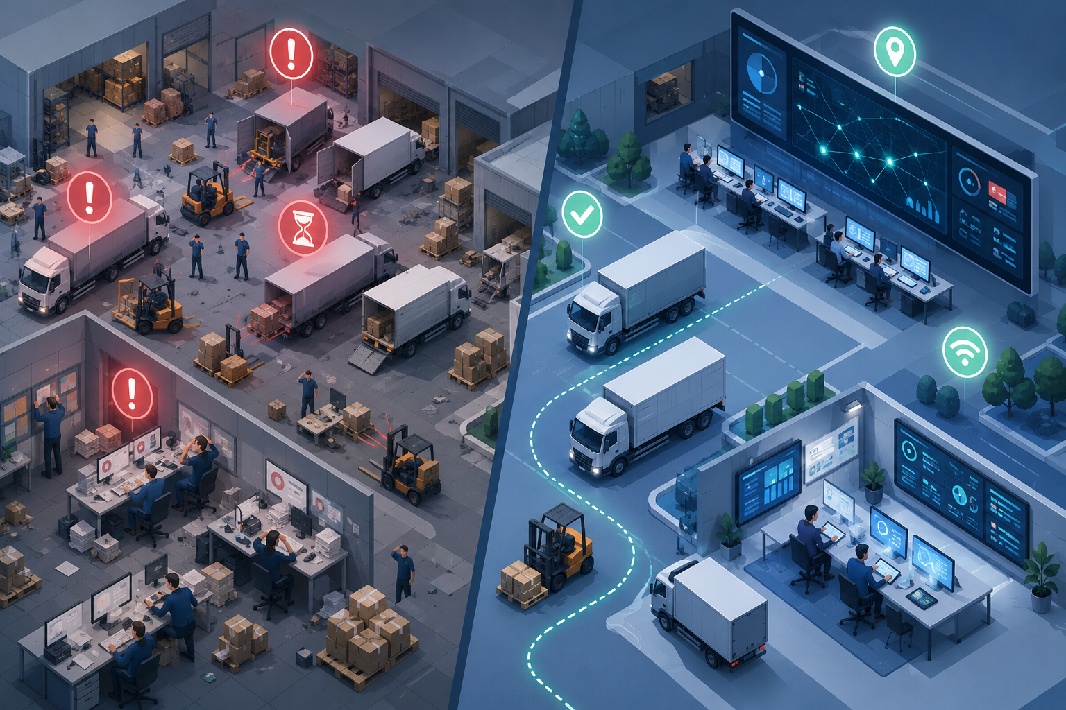 Isometric split-screen illustration comparing a cluttered dispatch area with bottlenecks to an efficient, real-time optimized logistics operation.