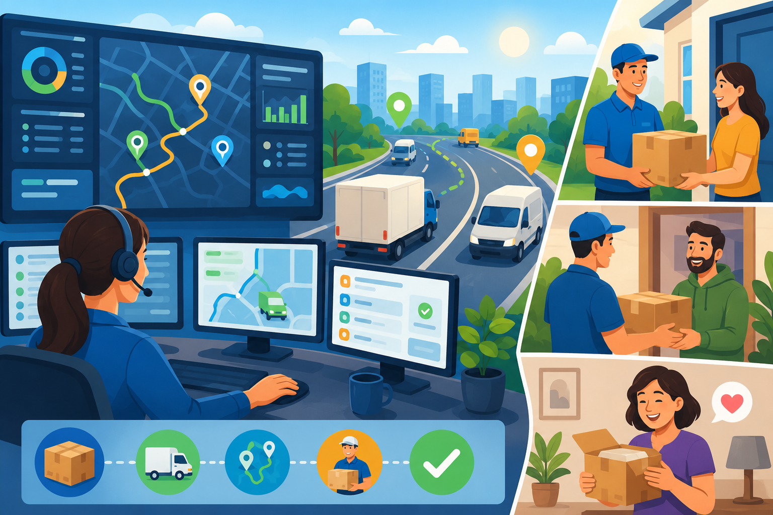 Flat vector image of a dispatcher at a console, satisfied customers, and efficient delivery vehicles, symbolizing the benefits of real-time visibility.