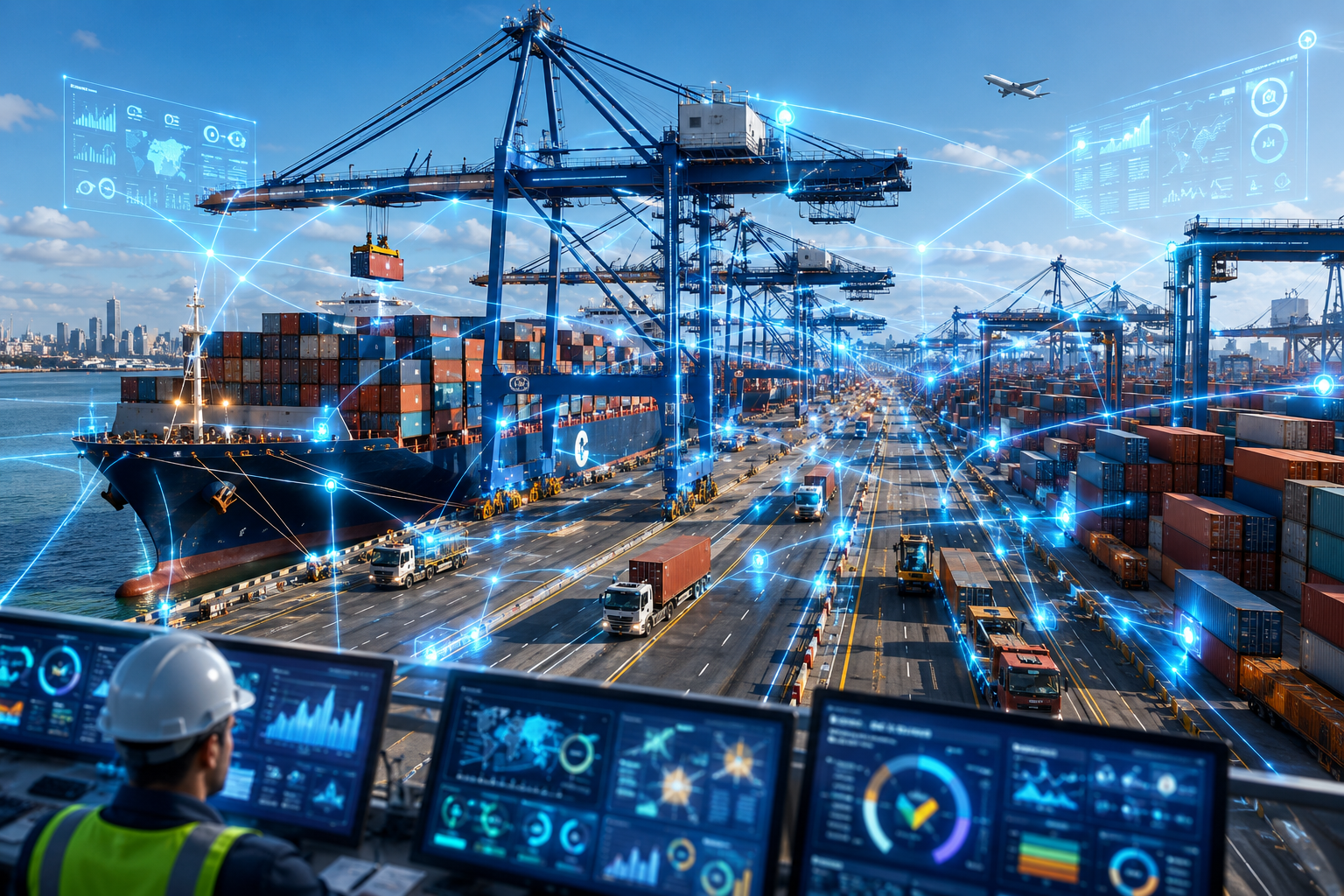 A vibrant seaport scene with ships, cranes, and trucks connected by digital network lines representing real-time data flow.