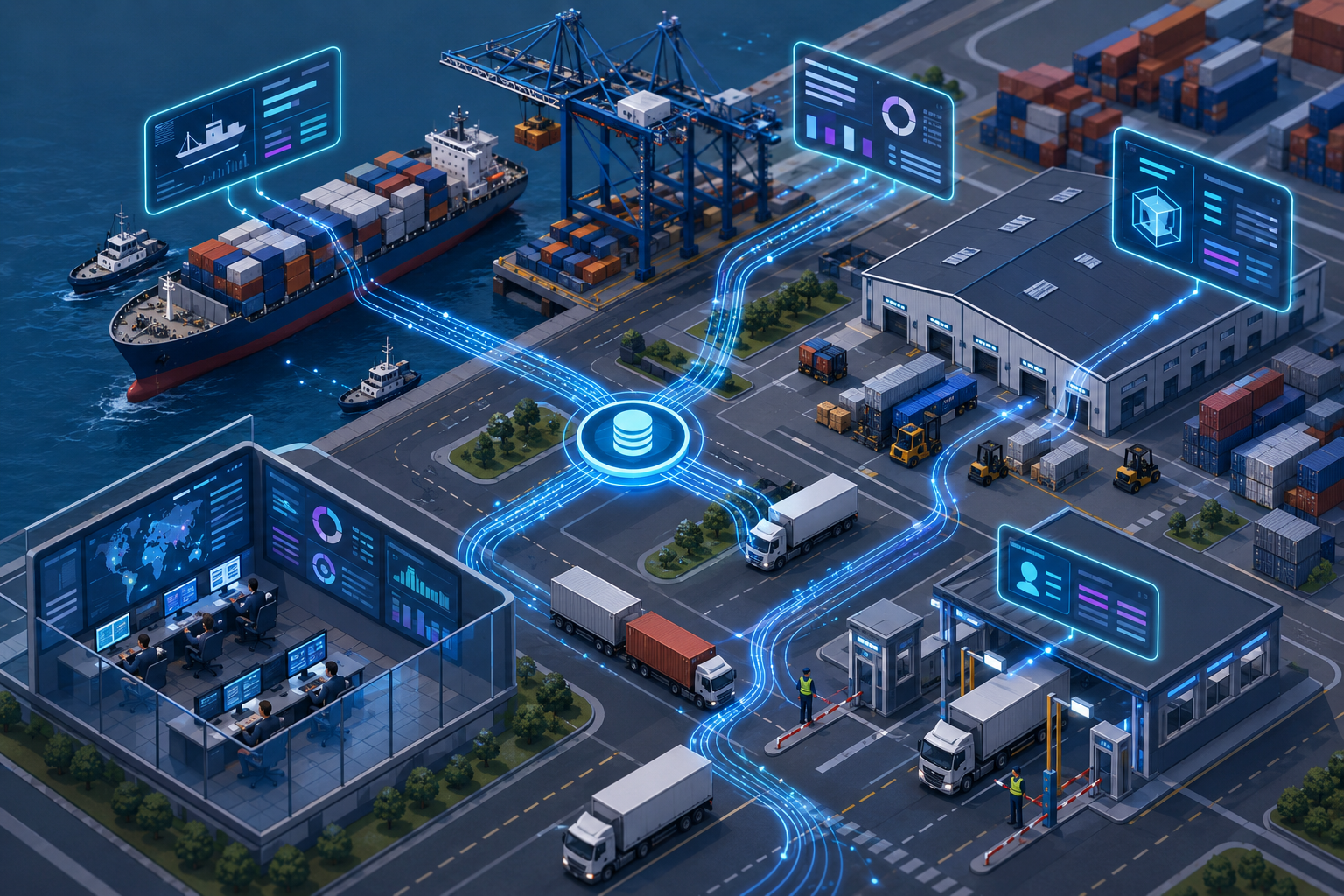 Isometric illustration of a port terminal with various operational areas connected by abstract data streams.
