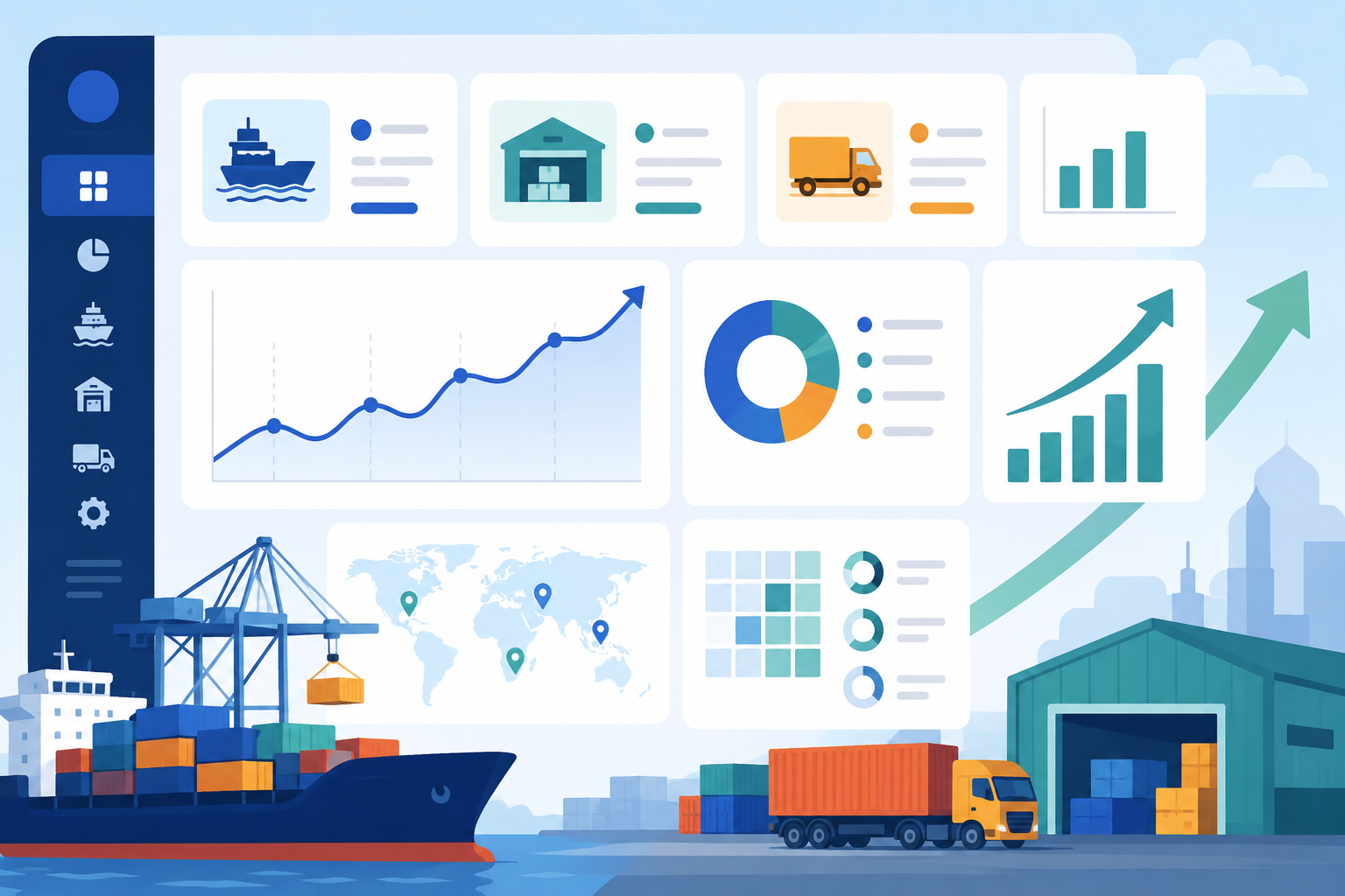 Flat vector dashboard with icons for port operations and arrows showing positive business growth.