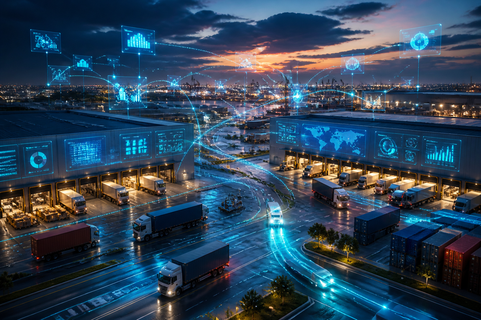 A modern logistics hub at dusk featuring active trucks, containers, and warehouses, with glowing digital data flows representing real-time operational visibility.
