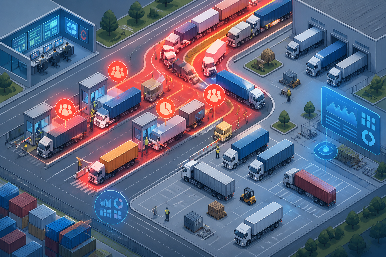 Isometric illustration of a logistics yard showing congested truck lanes and manual checkpoints, with bottleneck areas visually emphasized.