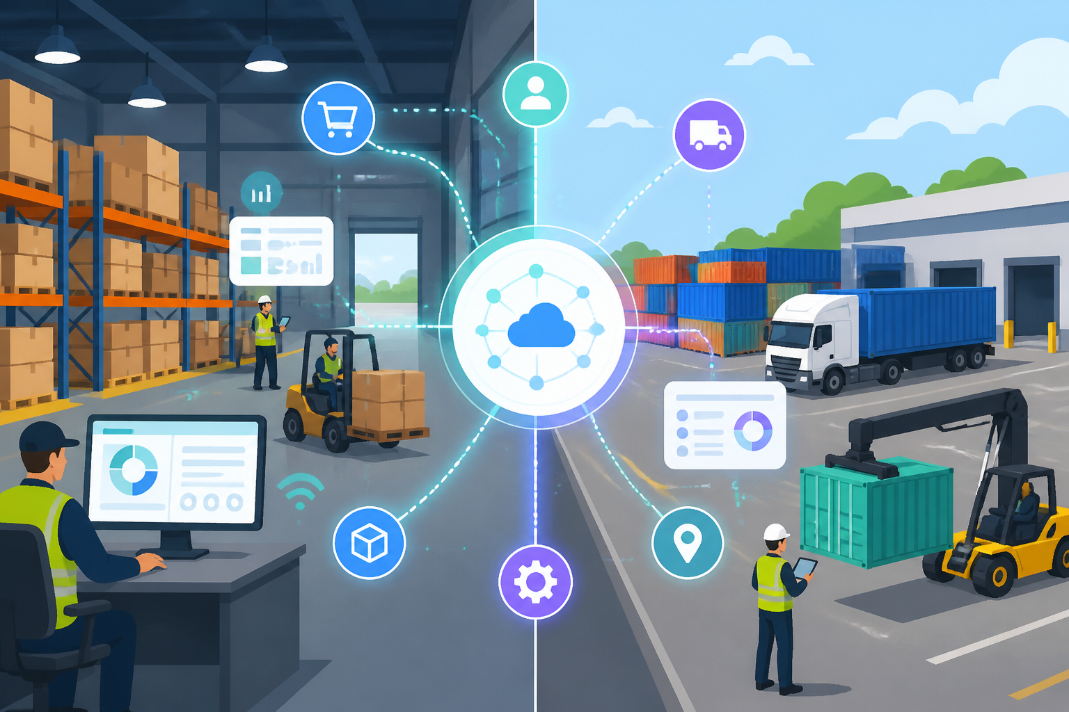 Flat vector split-view showing a warehouse and yard connected by digital signals, symbolizing integrated systems for seamless coordination.