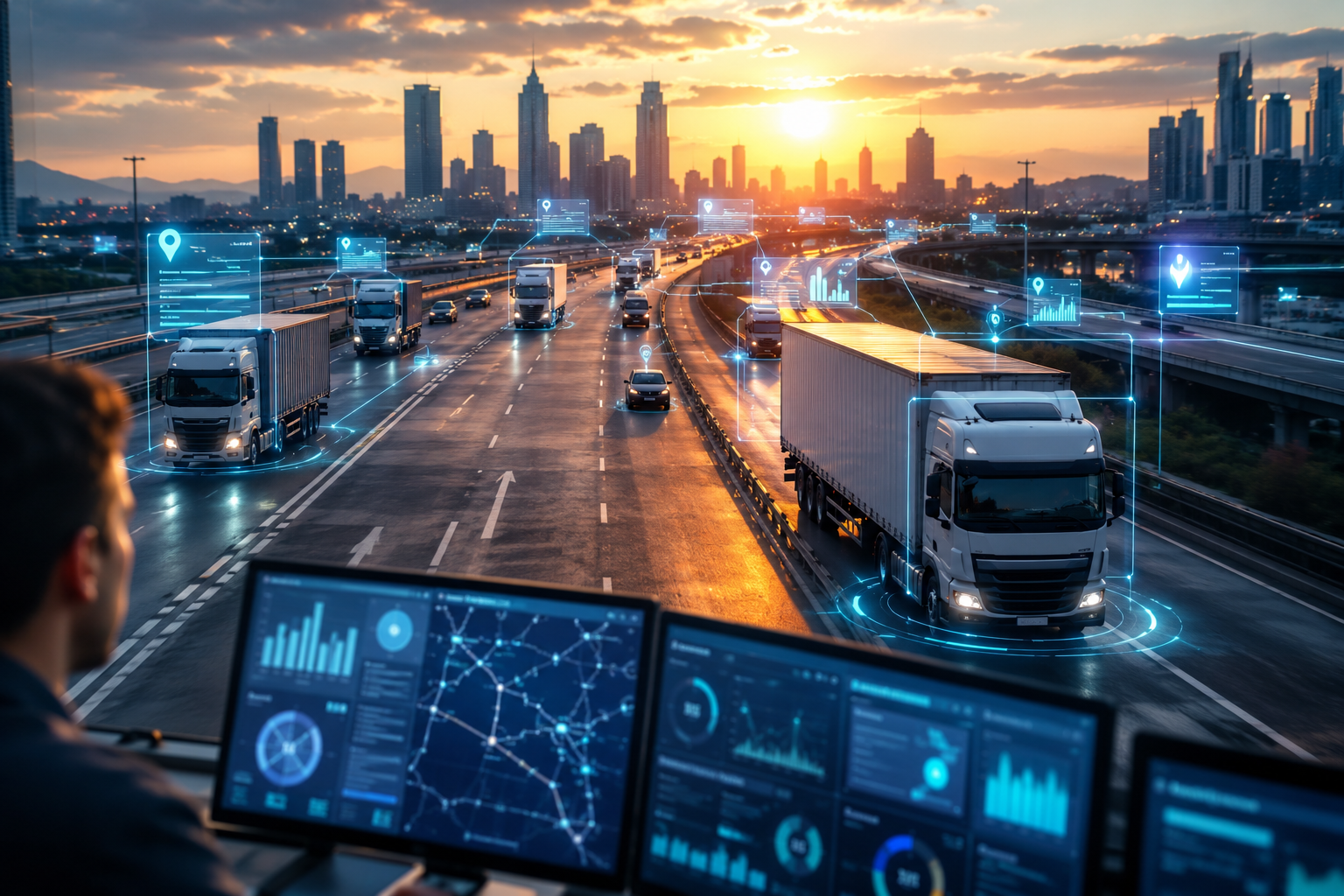 A modern highway with several trucks, digital data overlays, and a city skyline at sunrise, representing real-time freight visibility.