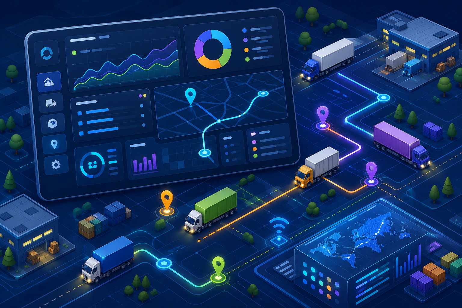 Isometric illustration of a digital dashboard with abstract data, trucks, and route lines, showing real-time transport management.