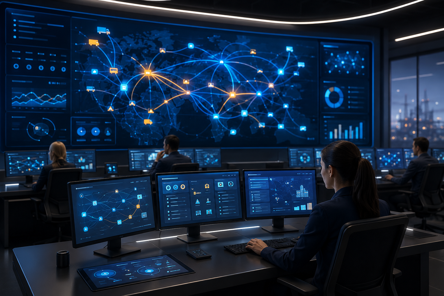 3D-rendered control room with operators at digital workstations and glowing screens displaying abstract order flows, representing digital transport management.