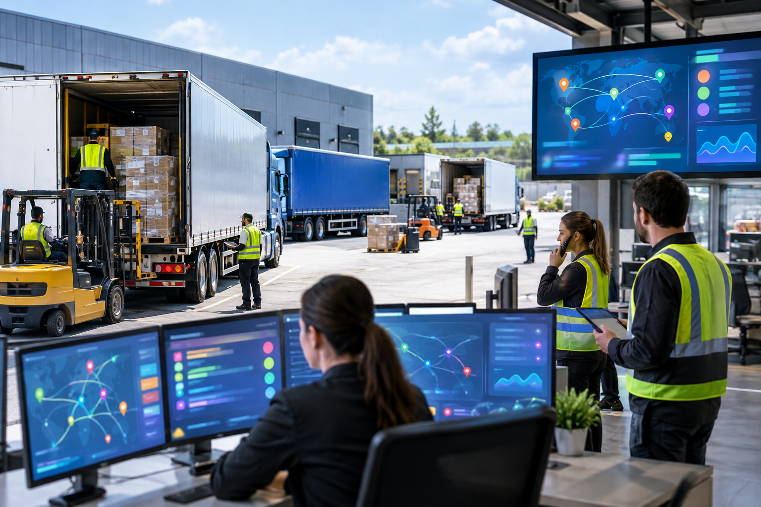 A bustling logistics hub with trucks, digital screens showing abstract data, and staff coordinating activities in real time.