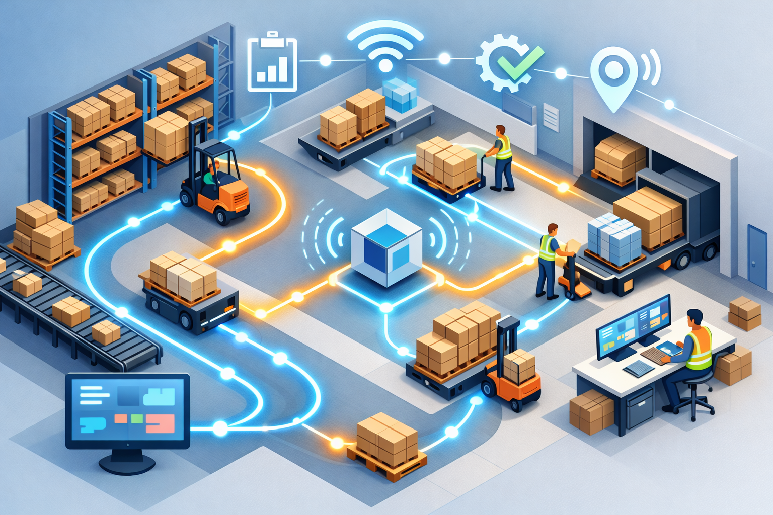 Isometric illustration of a warehouse with highlighted workflow paths and digital signals showing how real-time visibility optimizes warehouse operations.
