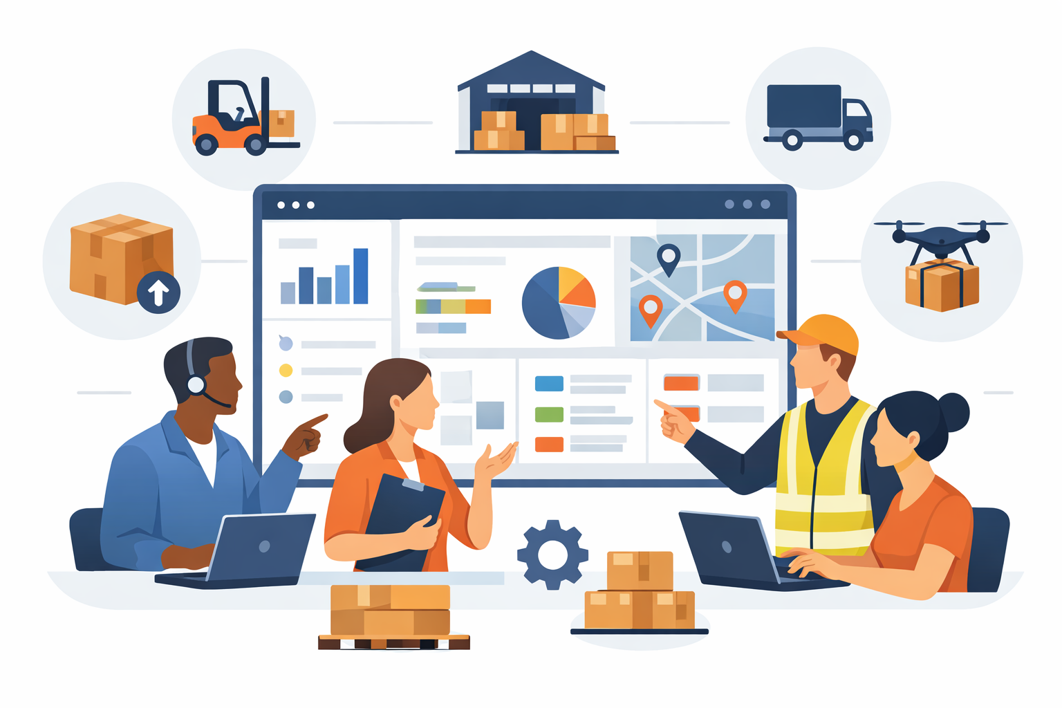 Flat vector illustration of a digital dashboard with team members collaborating, symbolizing seamless team alignment and operational efficiency in a warehouse.