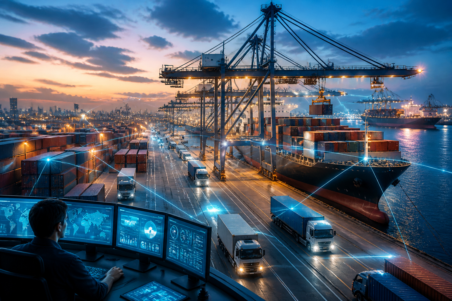 A modern container port at dusk showing cranes, ships, and trucks interconnected by digital network effects, representing real-time operational visibility.